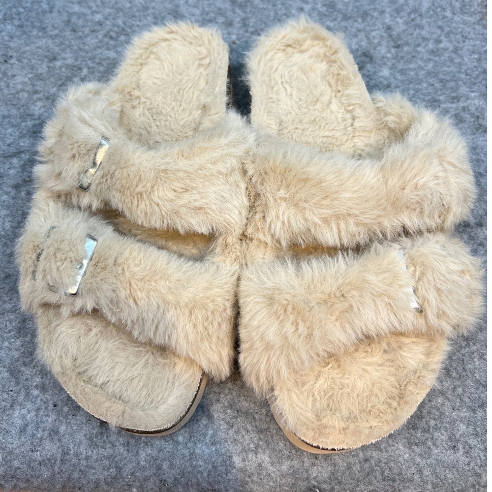 Kidmi Faux Fur Slide Sandals Tan Double Buckle Cork Footbed Size 37 US 6/6.5